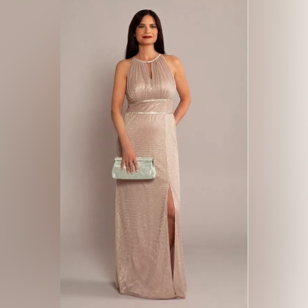 NWT Oleg Cassini Champagne Metallic Maxi Dress Bridal Size 12